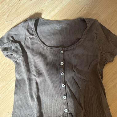Brown Short-Sleeve Top with Button Placket