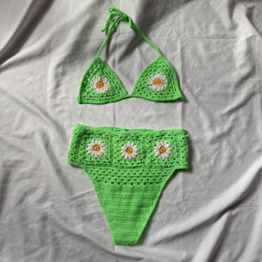 Hand-crocheted Neon Green Bikini with Flowers