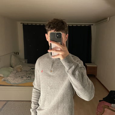 Pull half zip Ralph Lauren gris brodure rouge