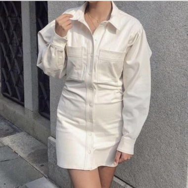 Beige shirt dress with long sleeves