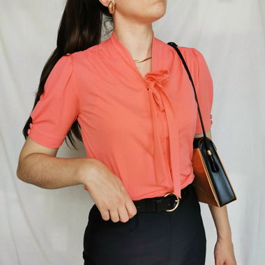 Bright coral pussybow vintage blouse
