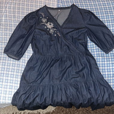 Denim Style Dress with Floral Embroidery Size 44