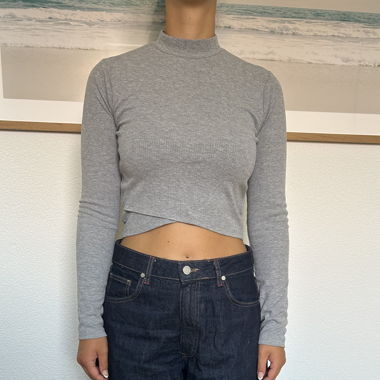 Grey Cropped Turtleneck Long Sleeve Top
