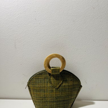 Handmade khaki handbag with wooden handle