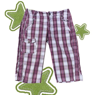 Pantaloncini cargo capri a quadri viola e bianco