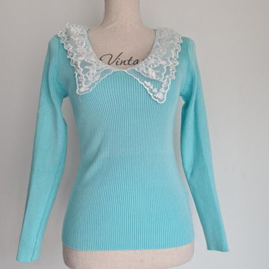 By Clara Paris Rib Knit Sweater Lace Collar