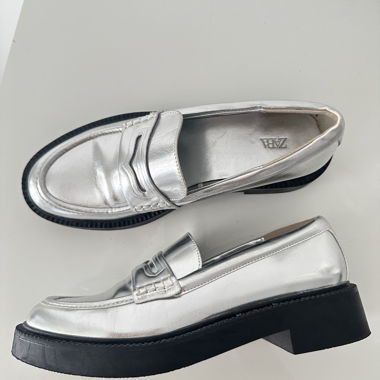 Zara Metallic Silver Loafers 37