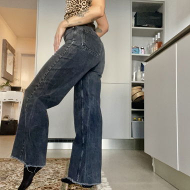 Jean large taille haute noir délavé Mango