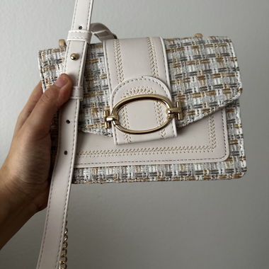 Petit sac bandoulière tweed beige et doré