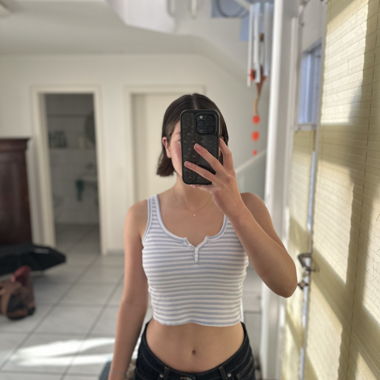 blue and white striped top
