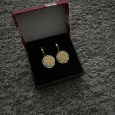 Gold-Colored Coin Earrings with Rhinestones