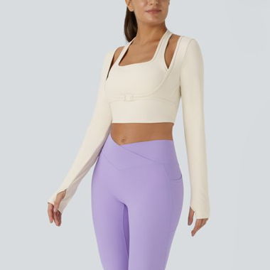 Crop-top de sport beige à manches longues