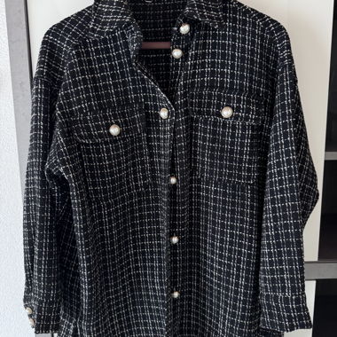 Black checked shirt-jacket with pearl buttons