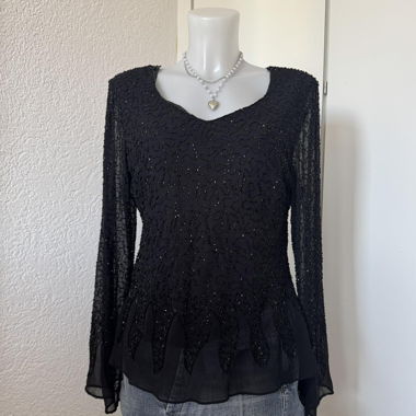 Schwarzes Vintage-Longsleeve mit Perlen (L)