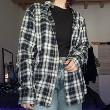 blue and black plaid flannel button up shirt