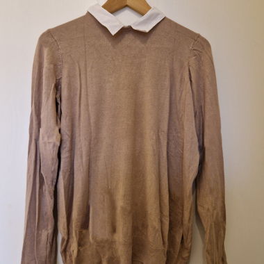 Maglione beige con colletto camicia bianco