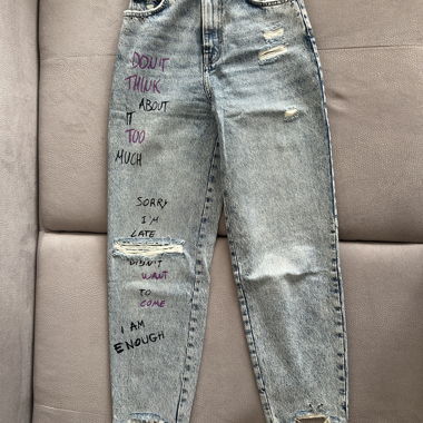 Bershka mom fit printed ripped jeans 