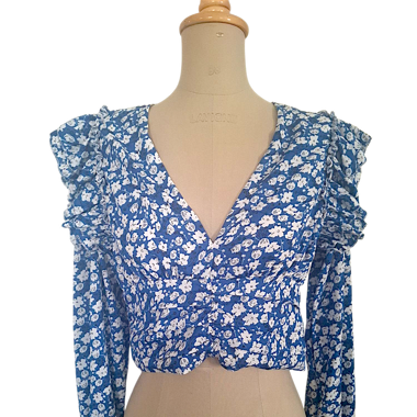 Blue Floral Blouse Size M Ruffled Shoulders 