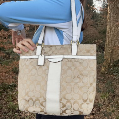 Beige coach monogram shoulder bag