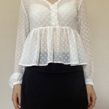 Weisse transparente Rüschenbluse XS