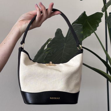 Sac seau Sandro en toile et cuir noir