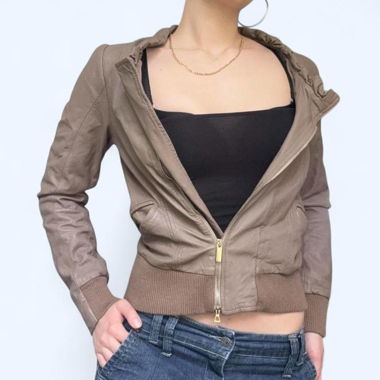 Vintage-Braune Cropped-Jacke mit gerafftem Kragen