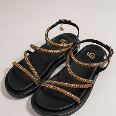 Black Sandals with Gold Straps