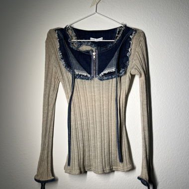 Pull Zone Bleue en maille beige et denim