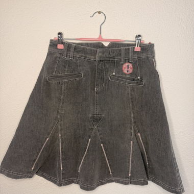 Grey Midi Denim Jeans Skirt with Pink Topstitching