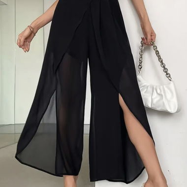 Schwarze Chiffon-Hose mit Beinschlitz