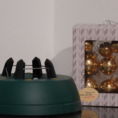 Christmas Tree Stand & Gold Baubles