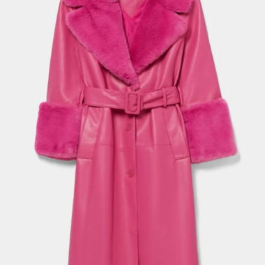 Long fuchsia-pink faux leather coat