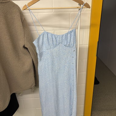 Blue patterned slip dress with thin straps