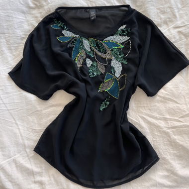 Blouse Vintage Noire Perles avec Feuille en Sequins
