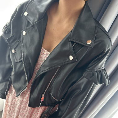Short black faux leather biker jacket