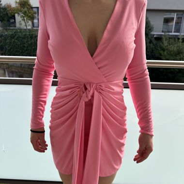 Pink Wrap Dress with Long Sleeves