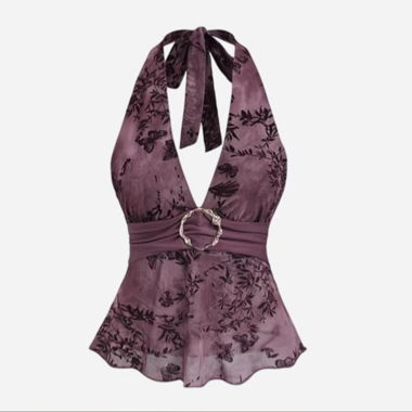 Lila Neckholder-Blusentop mit Blumenmotiv