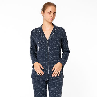 Pigiama blu navy a pois bianchi 100% seta