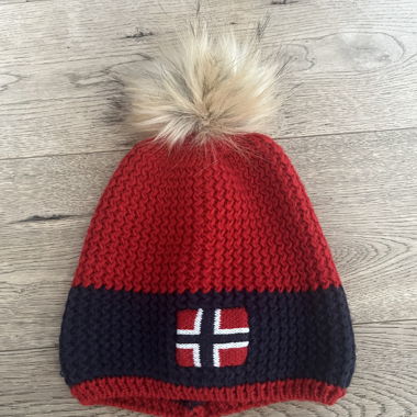 Red Pom-Pom Hat with Norwegian Flag