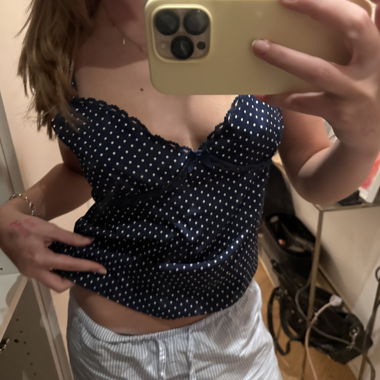 Dark blue spaghetti-strap top with dots