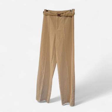 Tan and brown high-waisted wide-leg trousers