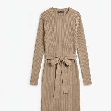 Beiges geripptes Strick-Midikleid mit Gürtel