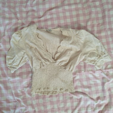 Beige Lace Smocked Blouse