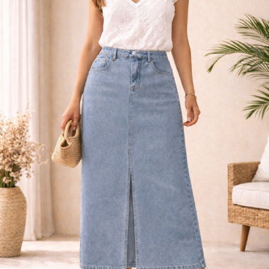 Langer Jeansrock hellblau mit Schlitz vorne