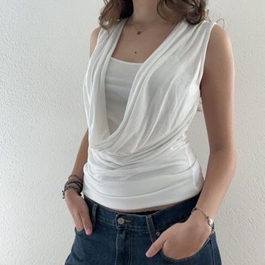 Top vintage con scollo drappeggiato senza maniche