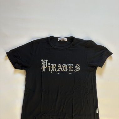 Black t-shirt with "pirates" print on