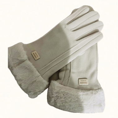 Beige faux-leather gloves with fluffy faux-fur cuffs