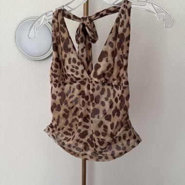 Leopard linen top with neck tie
