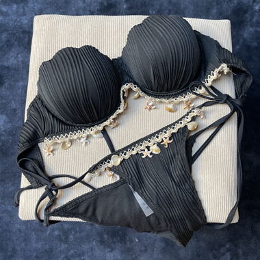 Schwarzes Muschel-Bikini-Set, nie getragen