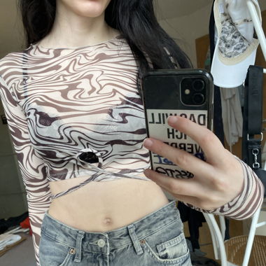 sheer longsleve top with animal print